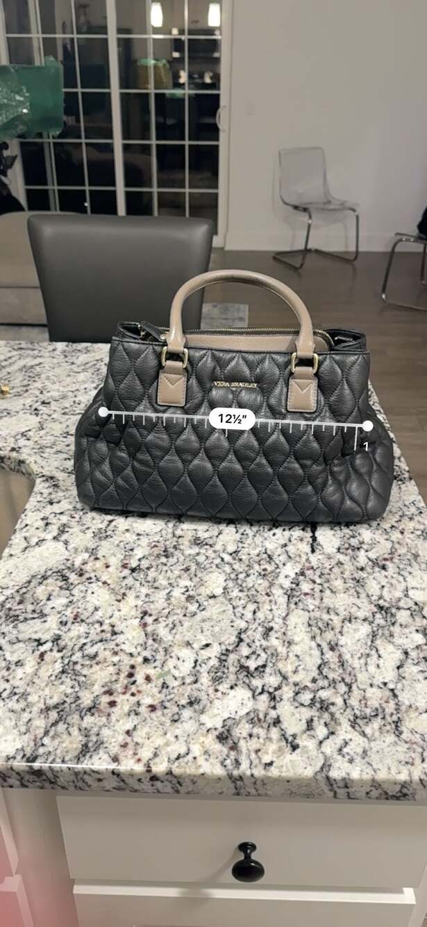 Vera Bradley Quilted Leather Satchel Tote Black Taupe Floral Lining - Picture 7 of 10